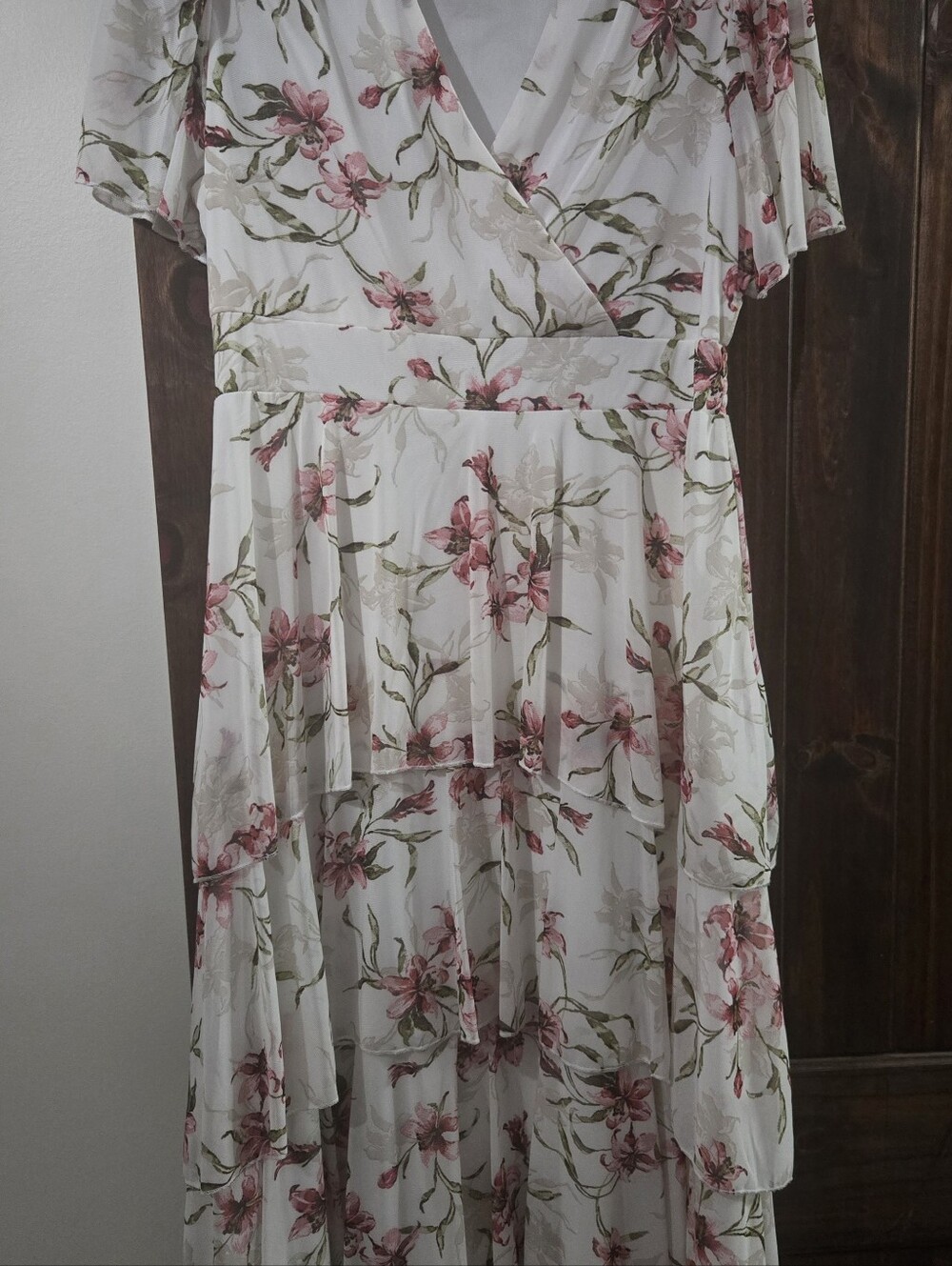 Wrap High-Low Floral Midi Dress in White and Pink